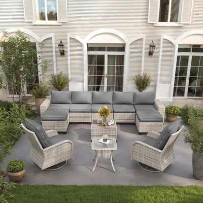 Muphyers 11-Piece Outdoor Patio Furniture Set with Rocking Swivel Chair Wicker Sectional Sofa Set, Patio Conversation Set with Ottomans & Coffee Table for Garden, Backyard, Poolside, Grey