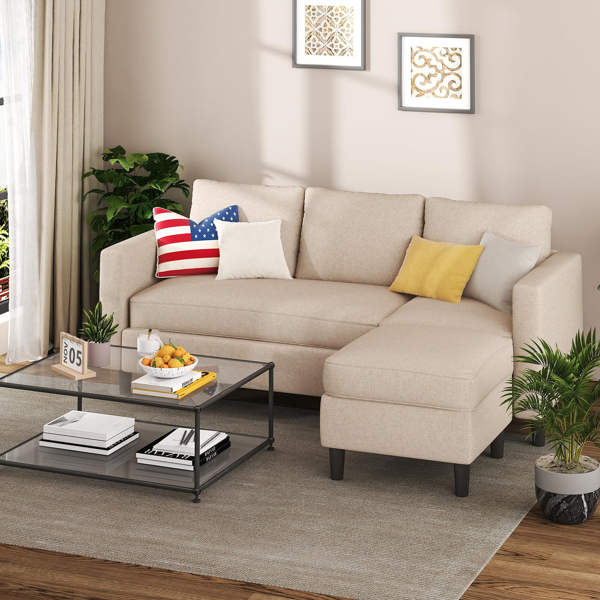 Shintenchi Small Sectional Sofa Couch,3 Seat L Shape Sofas with Ottoman,Upholstered Fabric Convertible Sofa Couches,Small Couches for Apartments, Living Room and Office (Beige) Shintenchi
