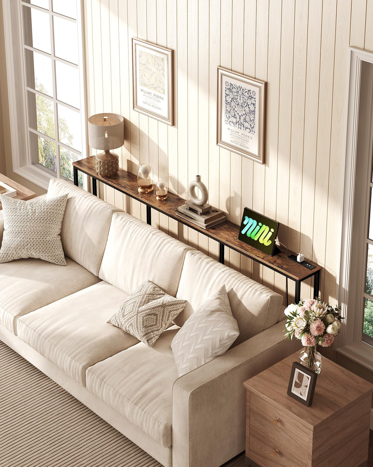 CHOEZON 78.7'' Narrow Console Table with Power Outlet 7.1" Skinny Sofa Table, Long Behind Couch Table with Charging Station, Entryway Table for Hallway, Living Room Rustic Brown and Black TXG20UBF CHOEZON