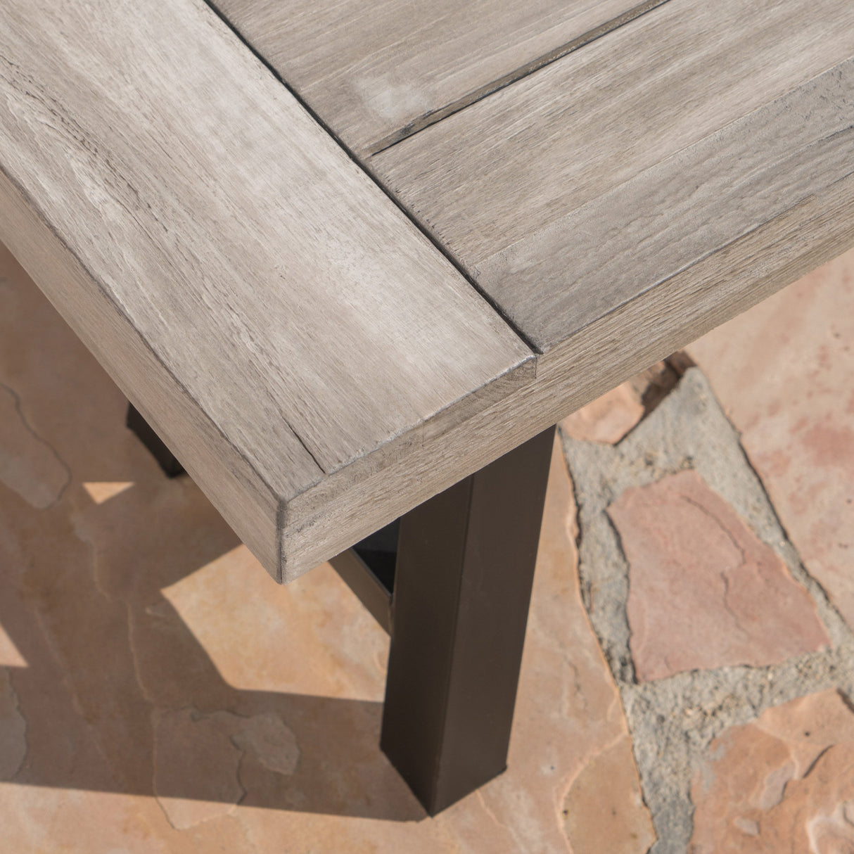 Great Deal Furniture Cassie Outdoor Light Grey Sandblast Finish Acacia Wood Dining Bench with Black Rustic Metal Finish Frame GDFStudio