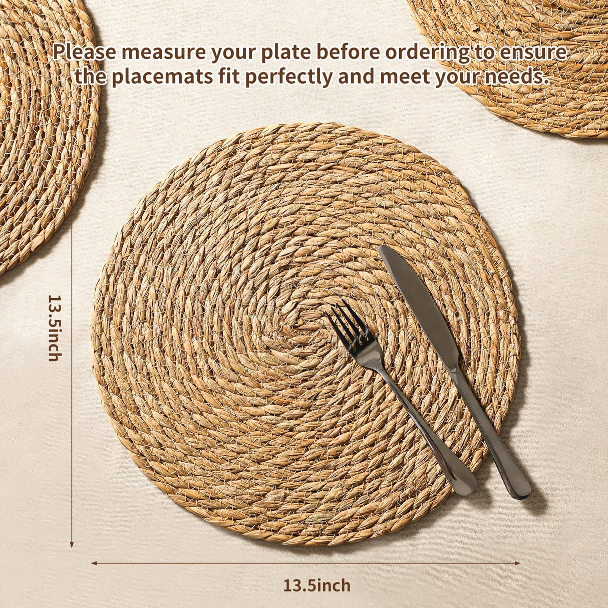 13.5'' Round Woven Placemats Set of 12, Boho Rattan Chargers for Dinner Plates, Rustic Wicker Place Mats, Straw Braided Table Placemats, for Dining Table, Thanksgiving, Fall, Farmhouse, and Christmas Terrekraft