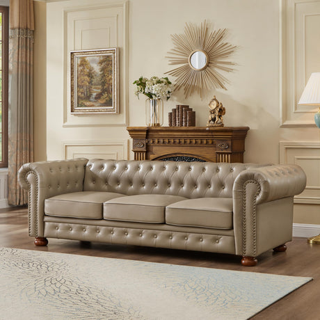 N NOORDENIYA Chesterfield Leather Sofa, 89" Mid Century Modern Couch with Low Back, Roll Arm Nailhead Trim Classic 3 Seater Couch for Living Room, Office, Apartment, PU Khaki N NOORDENIYA