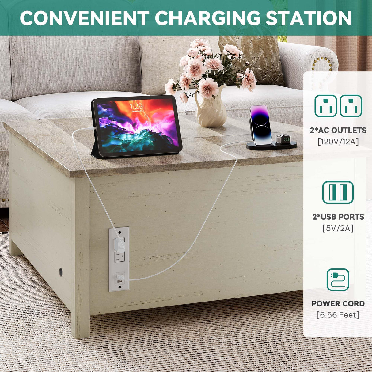 YITAHOME Farmhouse Lift Top Coffee Table with Storage, Wood Cured Center Table with Charging Station&USB Port, Living Room Table w/Large Hidden Space, for Bedroom, Home Office, Grey Wash YITAHOME