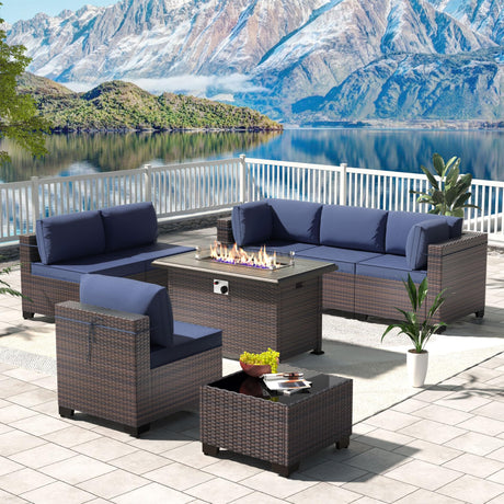 Kullavik 8 Pieces Outdoor Patio Furniture Set with 43" 55000BTU Gas Propane Fire Pit Table PE Wicker Rattan Sectional Sofa Patio Conversation Sets,Dark Blue Kullavik
