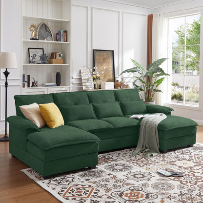 Tornama Convertible Sectional Sofa Couch, 109” Comfy Couches for Living Room, U Shape Cloud Couch with Double Chaise and Sleepable Armrests, 4 Seats Sectional Couch for Living Room, Green