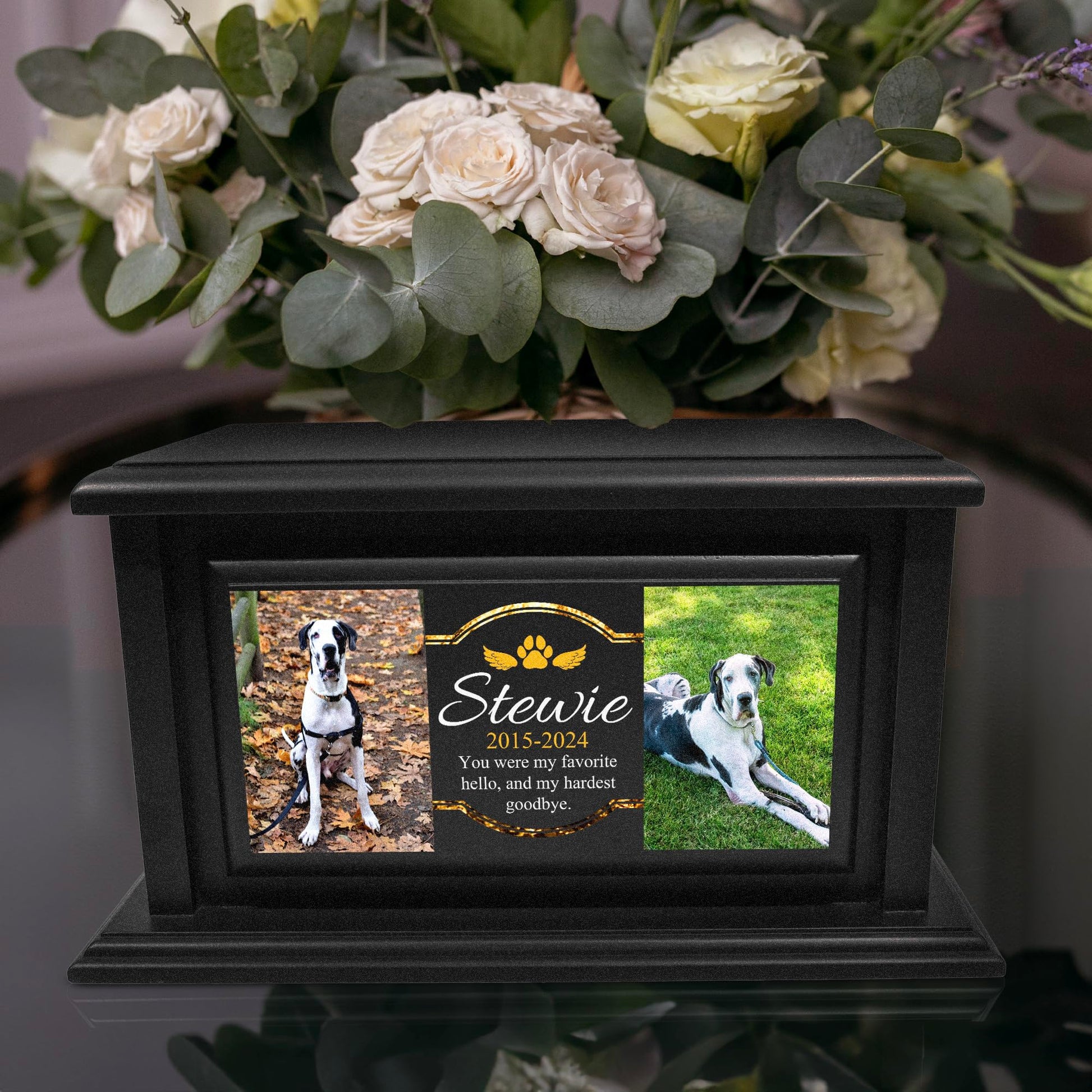 250lbs Personalized Pet Urns Made of Solid Pine Wood, Custom Urn Box for Dog Ashes, Large Burial and Cremation Urns for Dog Memorial, Black Wood Color (Design 1) - WoodArtSupply