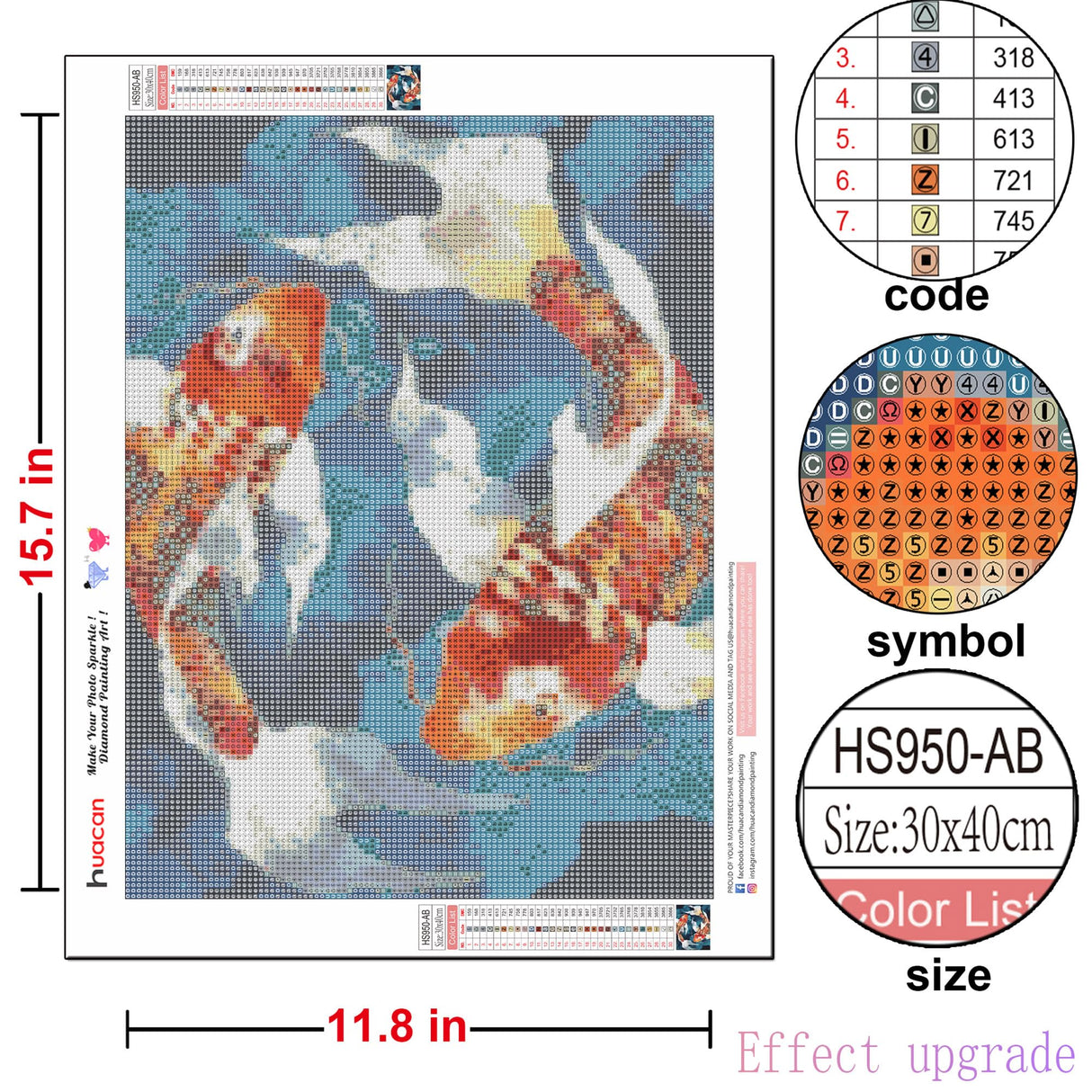 Huacan Diamond Painting Kit AB Diamond Art Kits for Adults 5D Koi Carp Fish Paint by Diamond DIY Full Round Drill Gem Art Kit Home Office Decor Gift 12x16 Inch Huacan