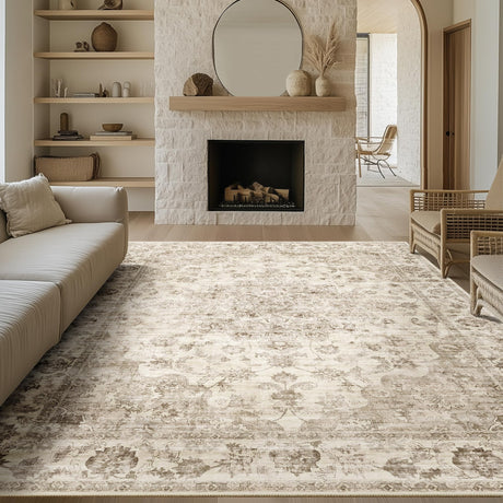 WondRg 8x10 Washable Neutral Area Rug Beige Vintage Living Room Bedroom Carpet Non-Slip Soft Low Pile Floral Indoor Large Throw Rug for Dining Room Office WondRg