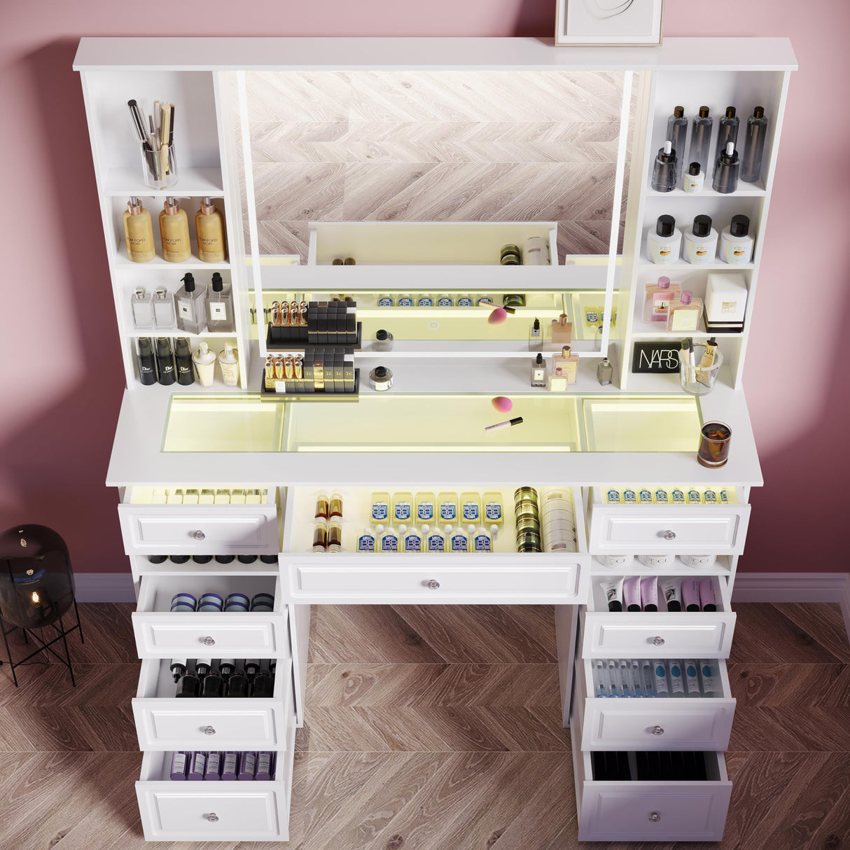 Wildhome Vanity Desk with Mirror and Lights, Glass Top Dressing Table with 9 Drawers, Makeup Vanity with Storage Bench, European Style Vanity, Adjustable Brightness Vanity for Bedroom(White) Wildhome