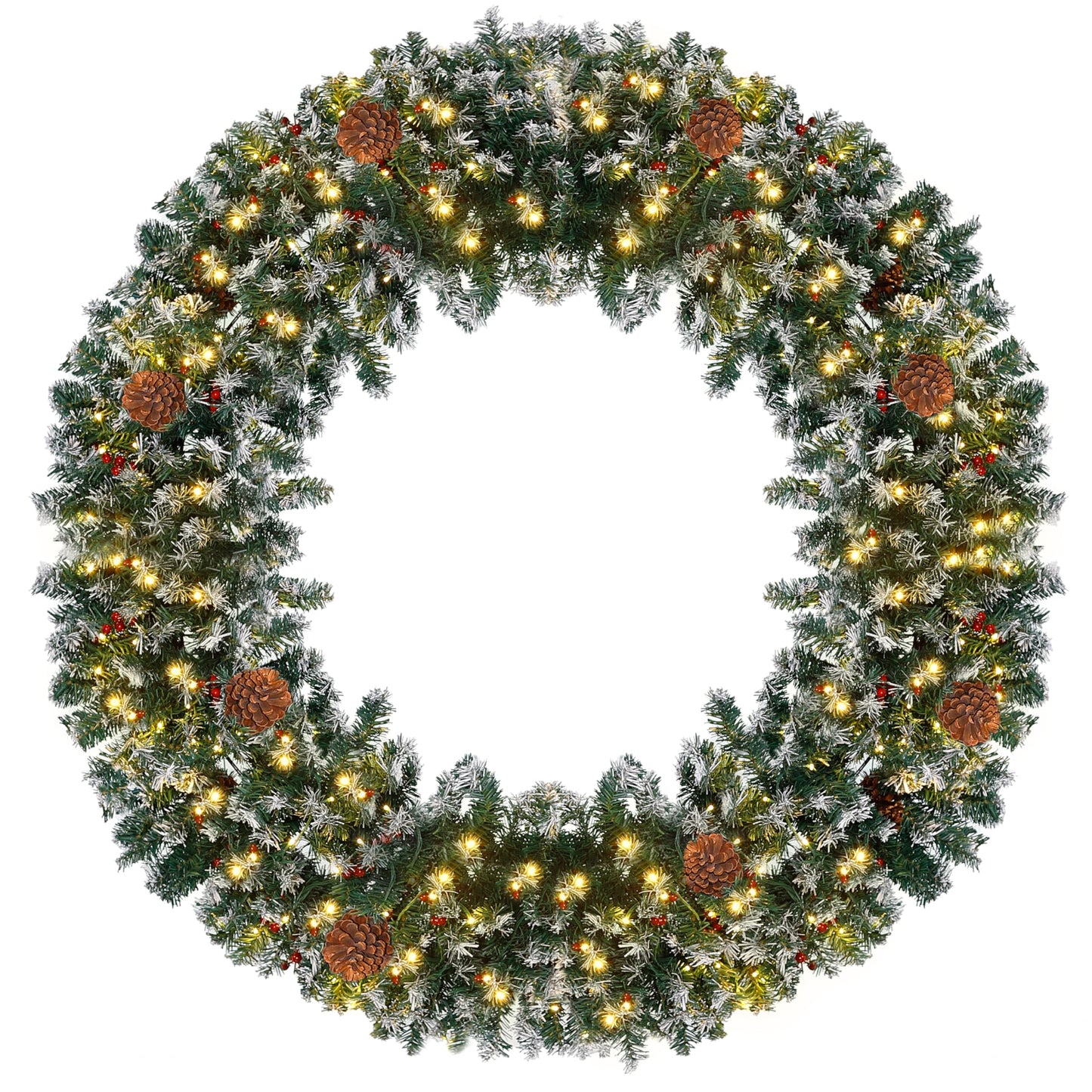 Prelit Christmas Wreath with 220 Warm White LED Lights, Outdoor Christmas Wreath Artificial Lighted Winter Wreath with 630 Pvc Tips Vivid Pine Cones and Berry Clusters, Large 60 Inches Scattered White