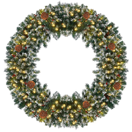 Prelit Christmas Wreath with 220 Warm White LED Lights, Outdoor Christmas Wreath Artificial Lighted Winter Wreath with 630 Pvc Tips Vivid Pine Cones and Berry Clusters, Large 60 Inches Scattered White