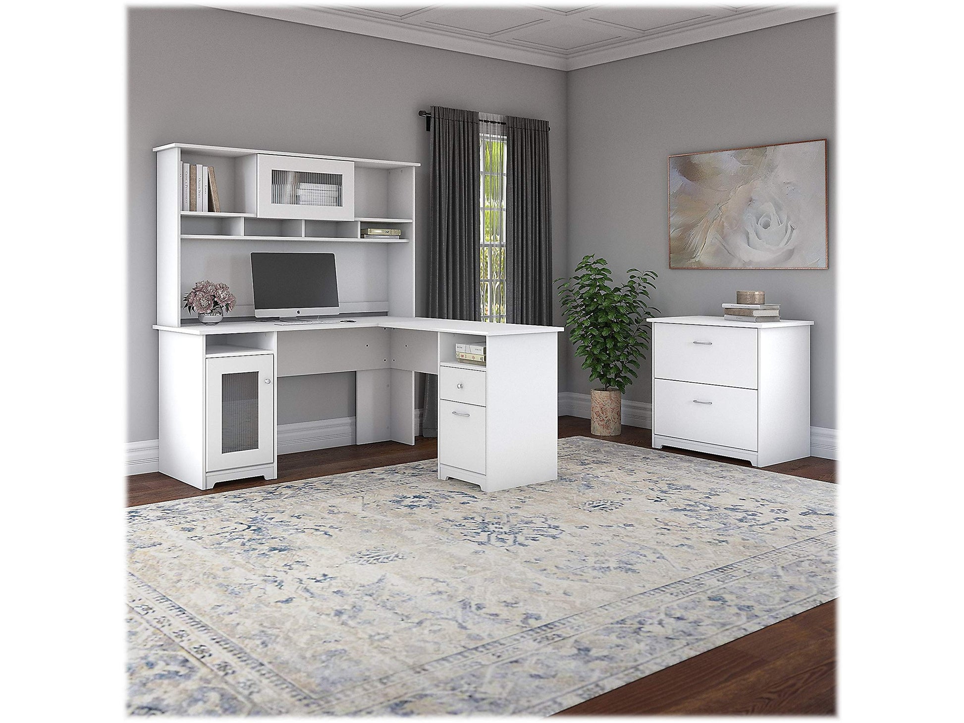 Bush Furniture Cabot L Shaped Computer Desk in White | Corner Table with Drawers and Storage for Personal Home Office Workspace - WoodArtSupply