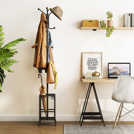 Hoctieon Coat Rack Freestanding,Entryway Hanger Stand,Umbrella Holder,Hall Tree With 12 Hooks, Floor Standing Metal Tree Stand, Black Hoctieon