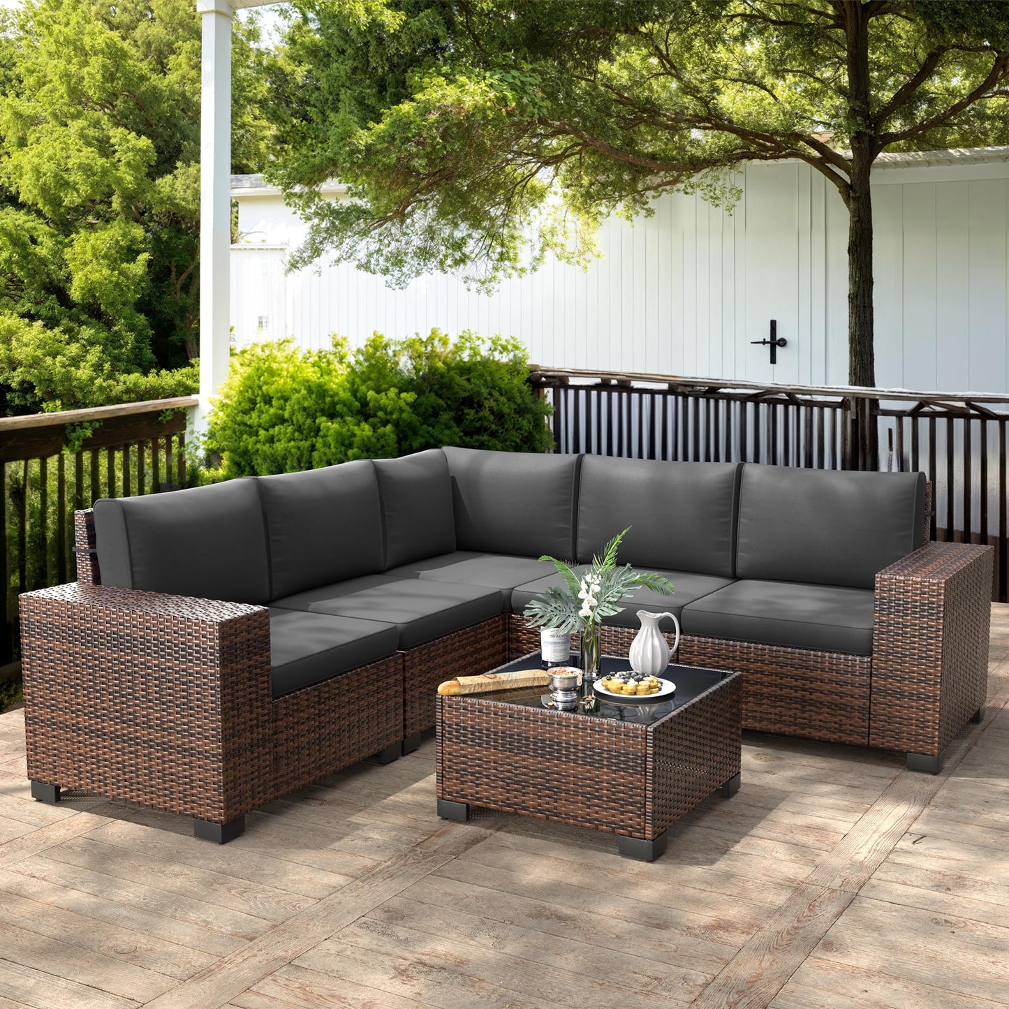 Amopatio Outdoor Sectional Furniture Set 6-Piece Brown Rattan Wicker Conversation Sofa Set with Glass Top Table and Waterproof Covers,Grey Cushions - WoodArtSupply