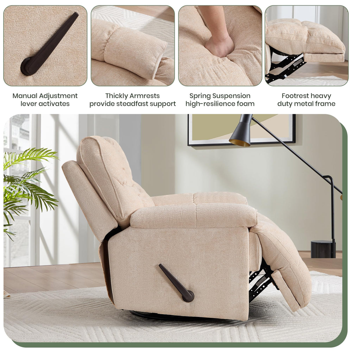 VIKAYAMICS Oversized Rocker Recliner Chair 42” Power Swivel Recliner for Living Room Overstuffed Extra Wide Rocking Recliners with Breathable Soft Fabric Up to 400lbs(Manual Beige) VIKAYAMICS