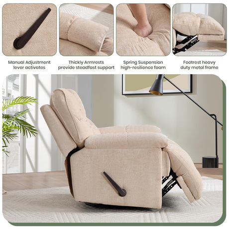 VIKAYAMICS Oversized Rocker Recliner Chair 42” Power Swivel Recliner for Living Room Overstuffed Extra Wide Rocking Recliners with Breathable Soft Fabric Up to 400lbs(Manual Beige) VIKAYAMICS