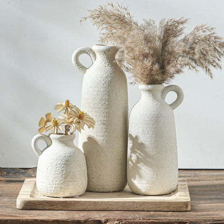 Ceramic Vase Set of 3 with Handle, Neutral Rustic Vases Home Decor Farmhouse Decorative Vase Whitewashed Pottery Decor Modern for Table Mantel Entryway Bookshelf Living Room Kitchen Bedroom - White ooit