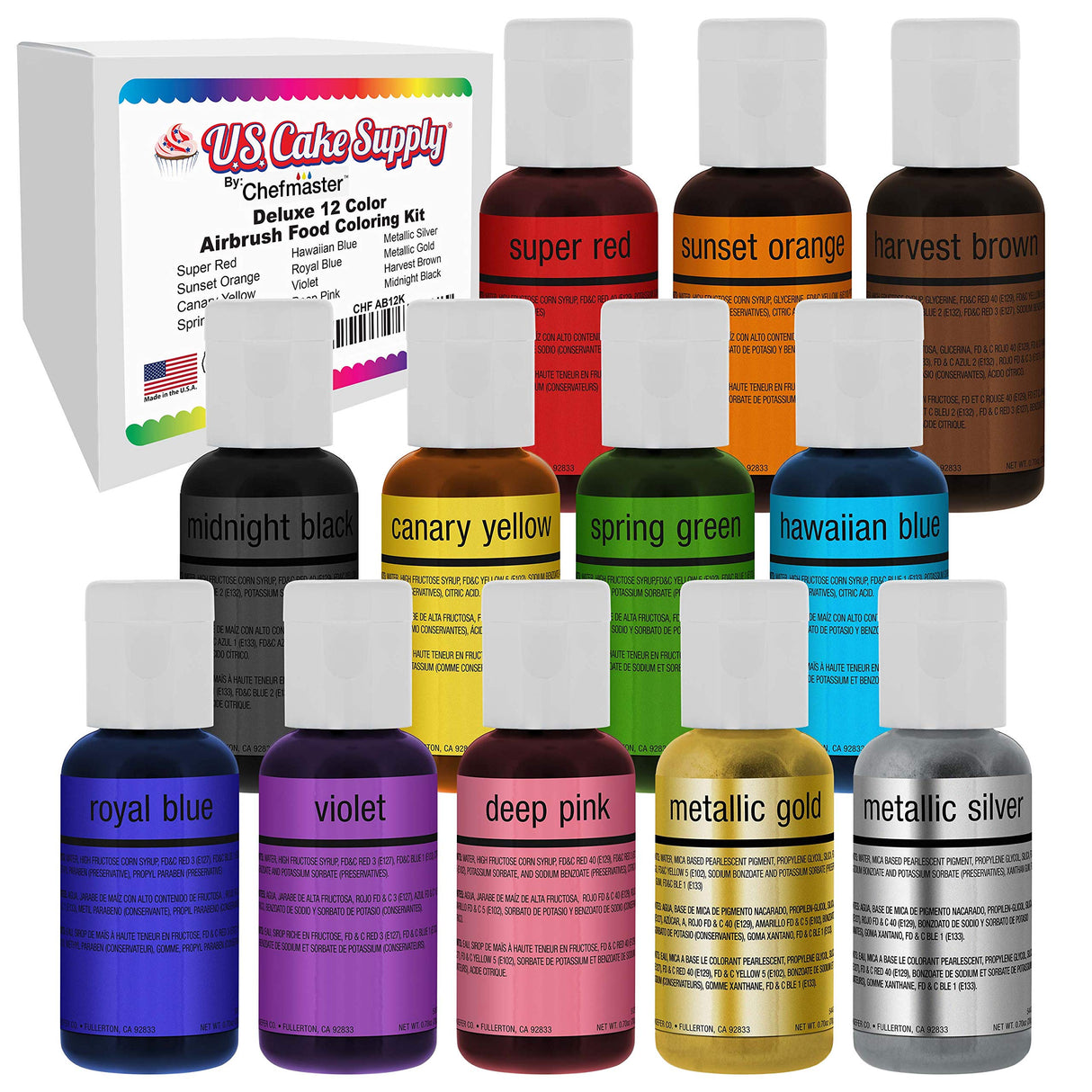 U.S. Cake Supply Airbrush Cake Color Set - The 12 Most Popular Colors in 0.64 fl. oz. (19ml) Bottles Made in the USA U.S. Cake Supply