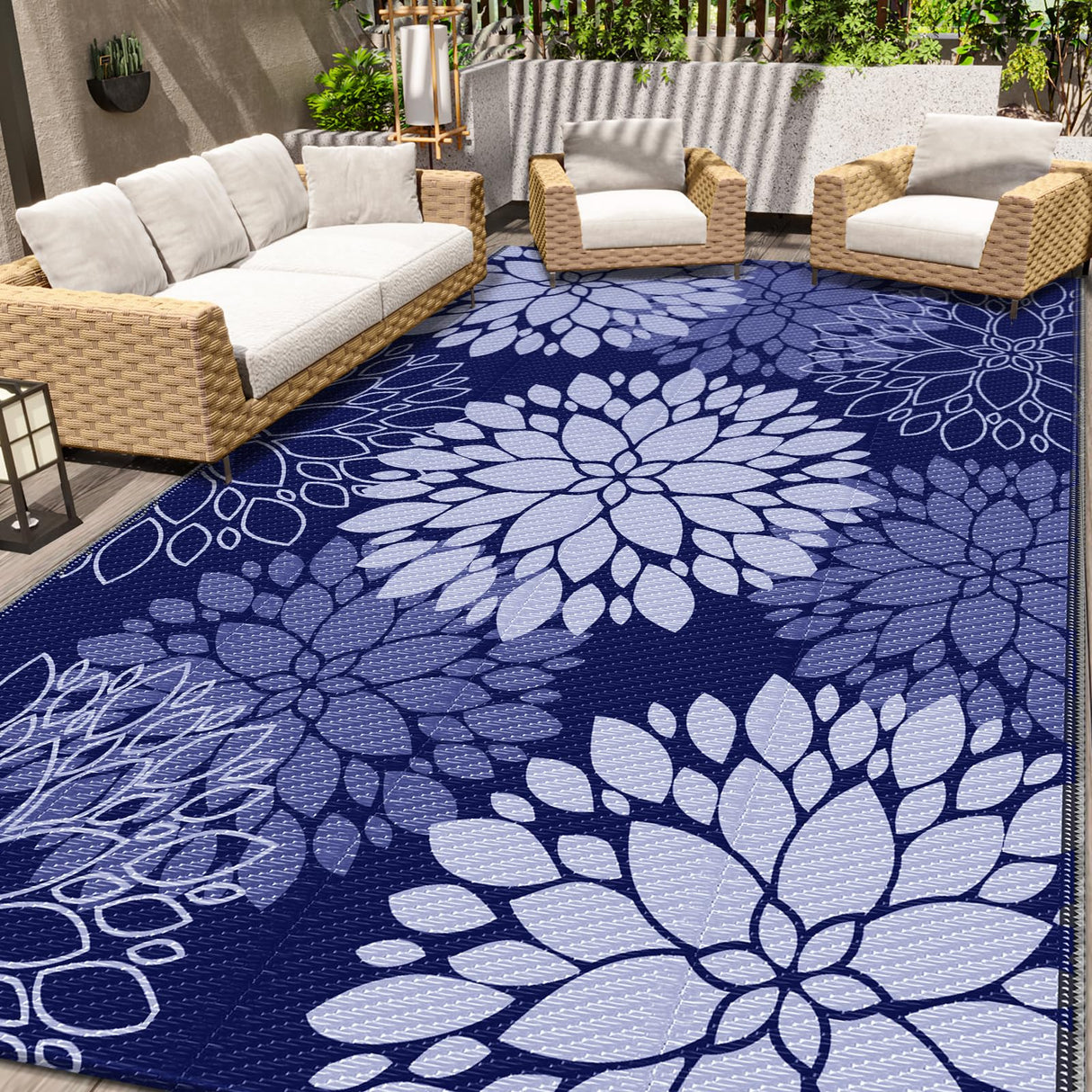 LuxStep Outdoor Rug Waterproof Outdoor Plastic Straw Rug Reversible Patio Rug Mat Outdoor Decor Large Area Mats for RV, Picnic, Backyard, Deck, Balcony, Porch, Beach, Camping, 6'x 9',Blue LuxStep