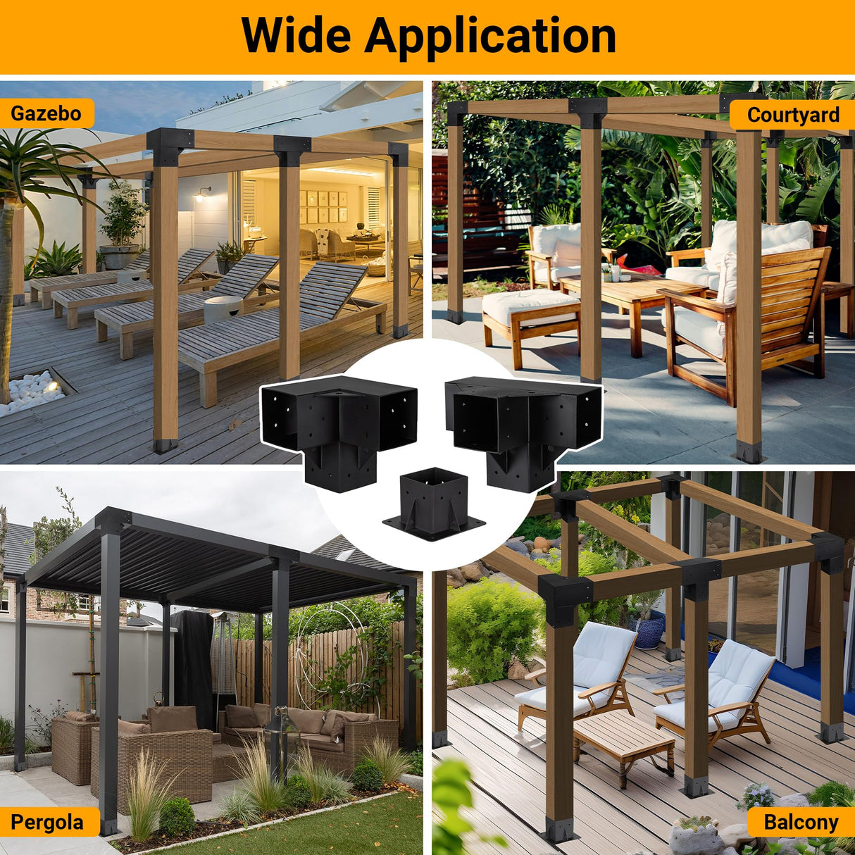 Neorexon Pergola Bracket Kit Elevated Wood Stand Kit Woodwork 4" x 4" (Actual 3.5" x 3.5"), Solid Steel DIY Pergola Hardware Kit, 6PCS Base Bracket & 4PCS 3-Way Corner Bracket & 2PCS 4-Way Bracket Neorexon