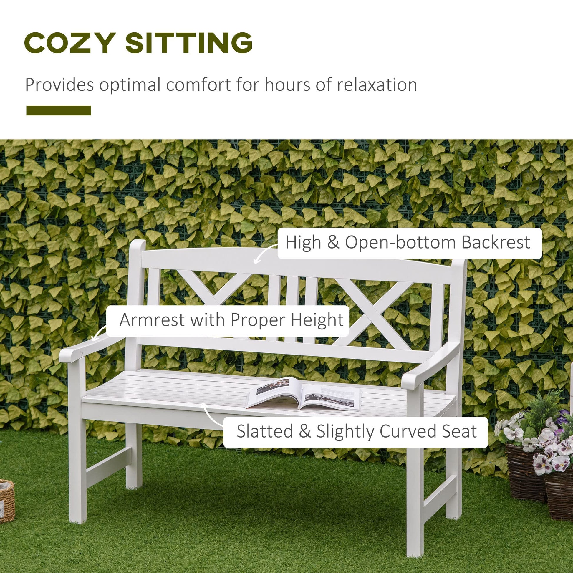 Outsunny White Rustic Wooden Garden Bench for Two with Backrest and Armrests - WoodArtSupply