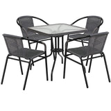 Flash Furniture 5-Piece 28" Square Indoor/Outdoor Patio Table and Chairs Set, Glass Metal Bistro Table and 4 Stacking Rattan Chairs, Gray Flash Furniture