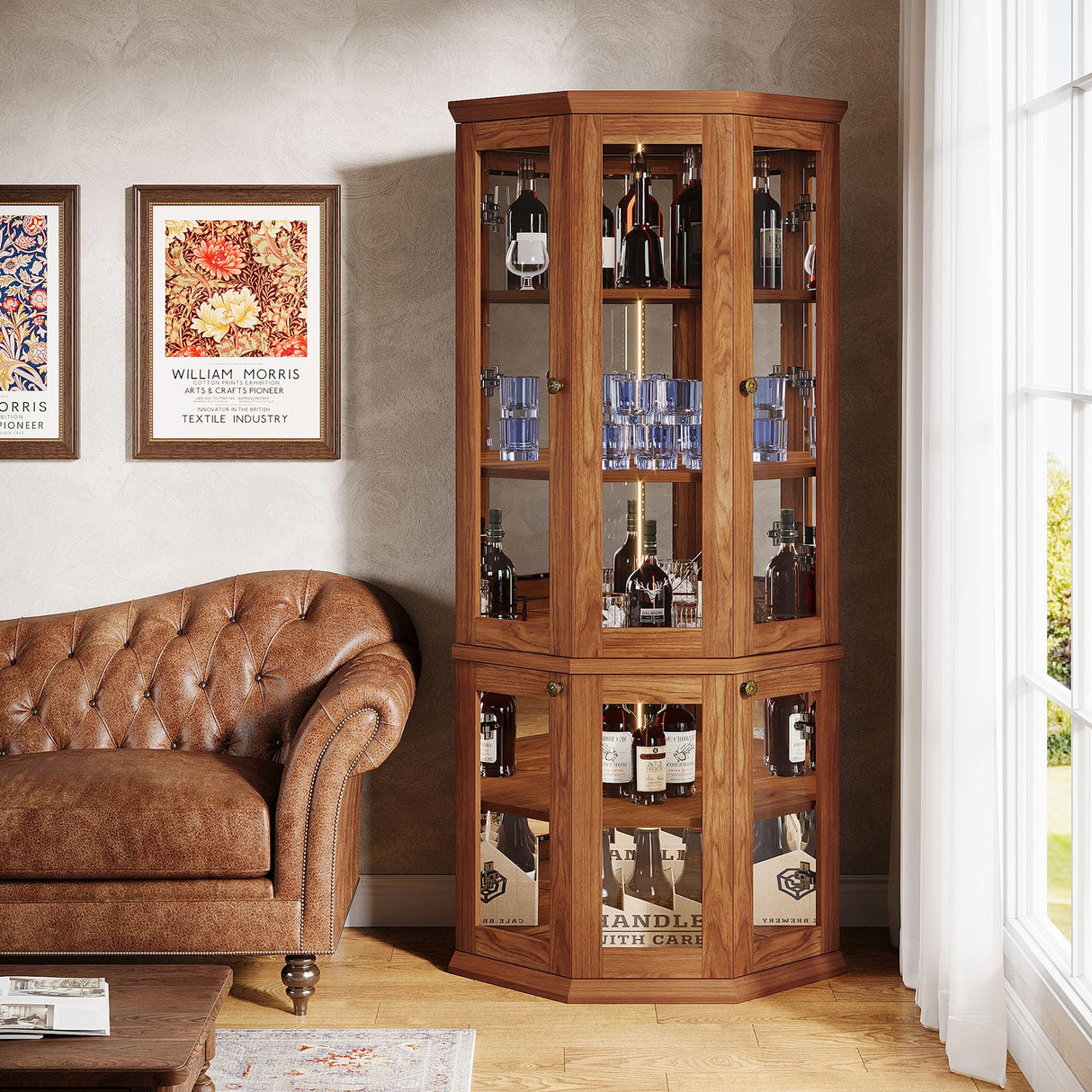 Tribesigns 70.87-Inch Corner Bar Cabinet, Tall Modern Corner Wine Cabinet with Doors & LED Lights, 5-Tier Home Bar Liquor Cabinet for Dining Room, Living Room, Kitchen, Rusitc Brown Tribesigns