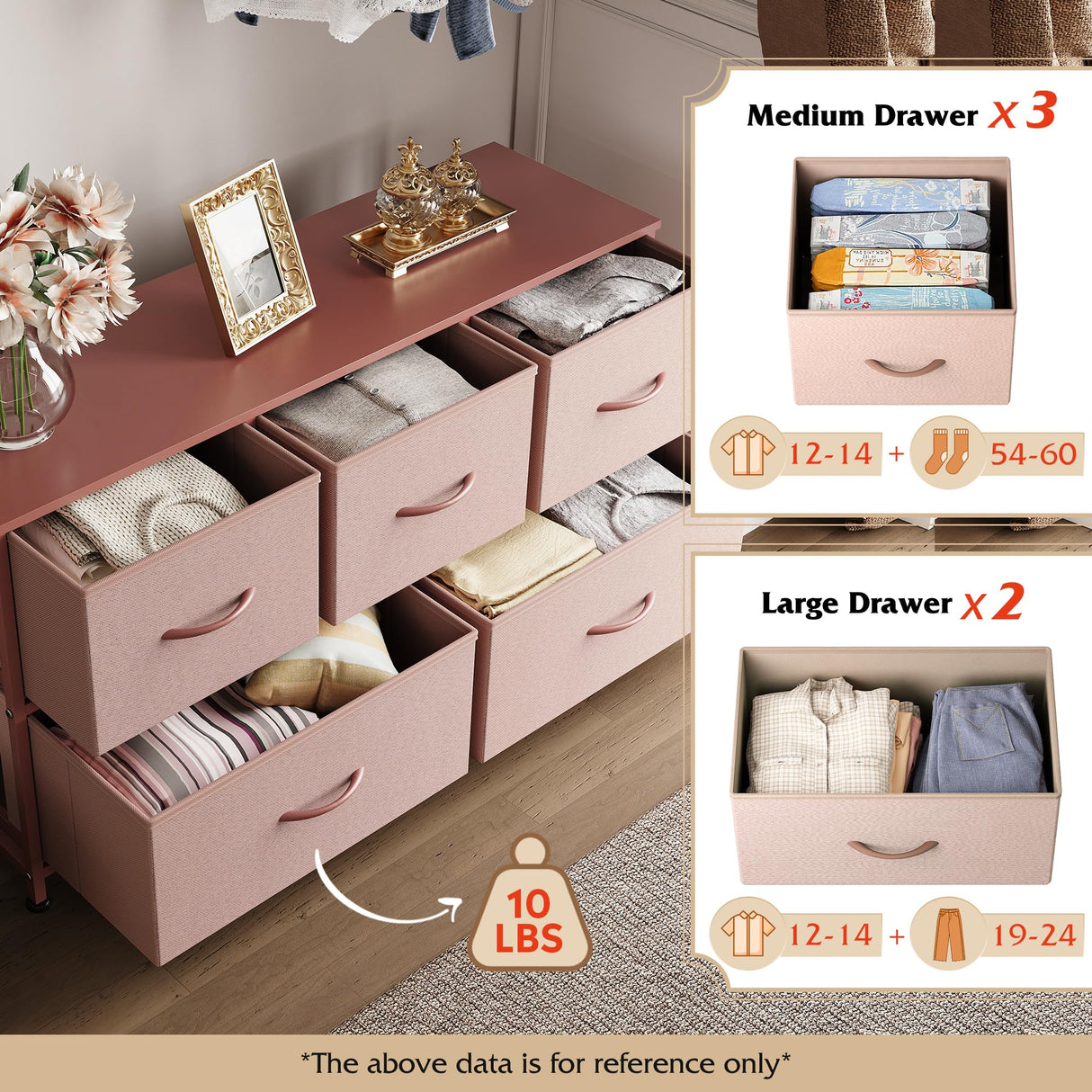 WLIVE Dresser for Bedroom with 5 Drawers, Wide Chest of Drawers, Fabric Dresser, Storage Organization Unit with Fabric Bins for Closet, Living Room, Hallway, Pink and Rose Gold WLIVE