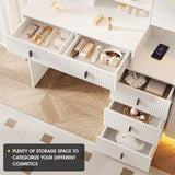 Vabches 57" Large Vanity Desk with Mirror and Lights,White Makeup Vanity Table with Jewelry Cabinet & 7 Drawers,Modern Dressing Table with Charing Sation & Shelves for Bedroom Vabches