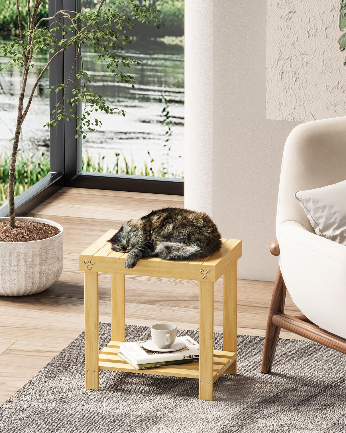 Bamneat Small Bamboo Bathroom Shower Bench with Storage Shelf, Durable Shower Stool for Shaving Legs, Indoor and Outdoor Use, Natural Bamneat