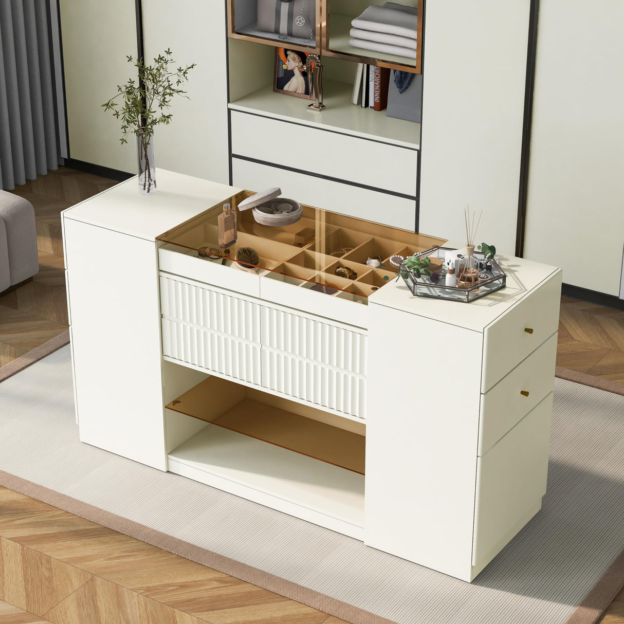 RuiSiSi Modern Armoire Bedroom Island with Drawers Glass Top, Multi-Function Closet Island with Display Shelf & 6 Drawers, Wooden Storage Cabinet for Walk in Closet Wardrobe, Bedroom, White RuiSiSi