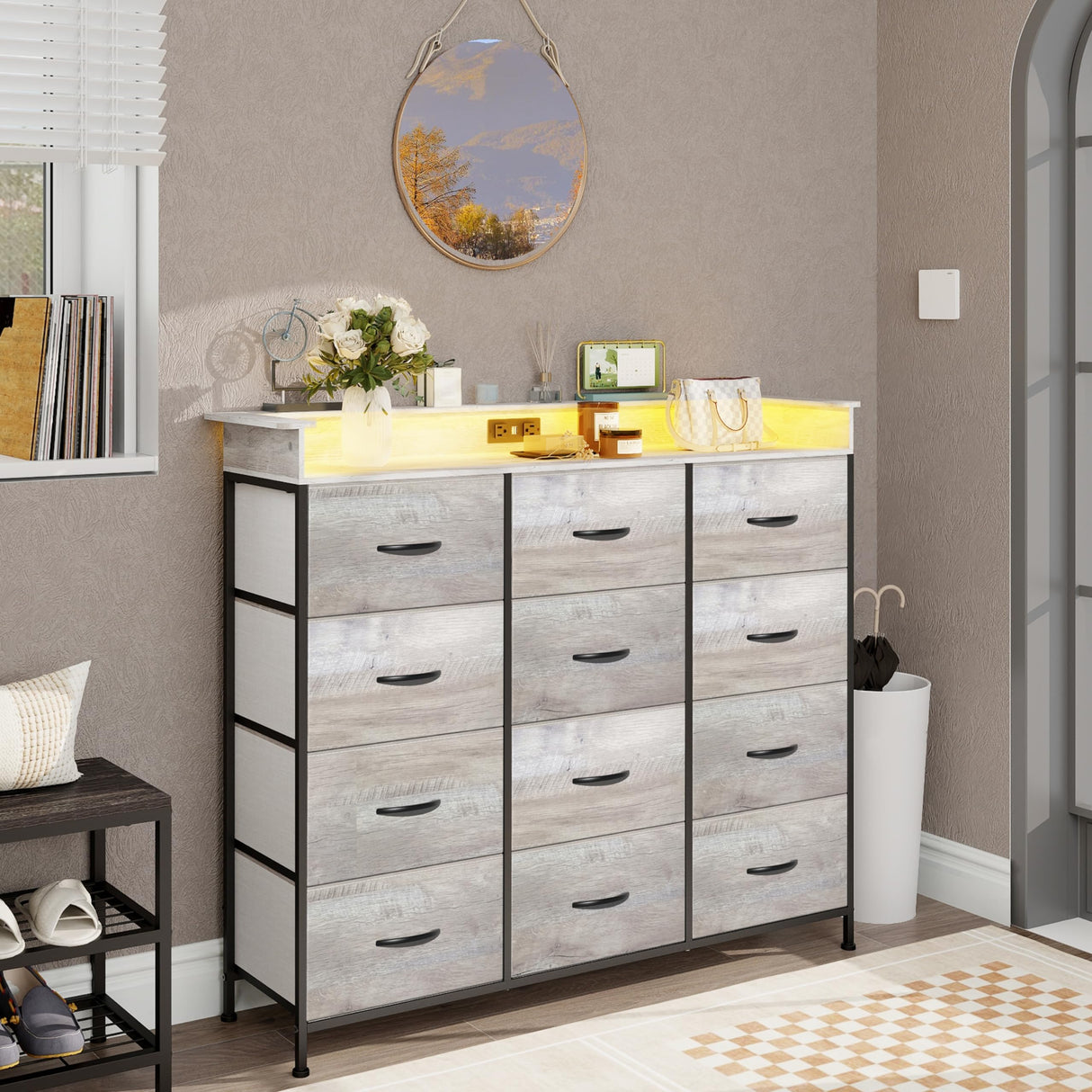 Welfuturer Dresser for Bedroom with 12 Drawers LED Dressers & Chests of Drawers Charging Station Fabric Dresser Storage Organizer Unit for Hallway Entryway Closets Sturdy Steel Frame Wood Top Gray Welfuturer