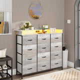 Welfuturer Dresser for Bedroom with 12 Drawers LED Dressers & Chests of Drawers Charging Station Fabric Dresser Storage Organizer Unit for Hallway Entryway Closets Sturdy Steel Frame Wood Top Gray Welfuturer