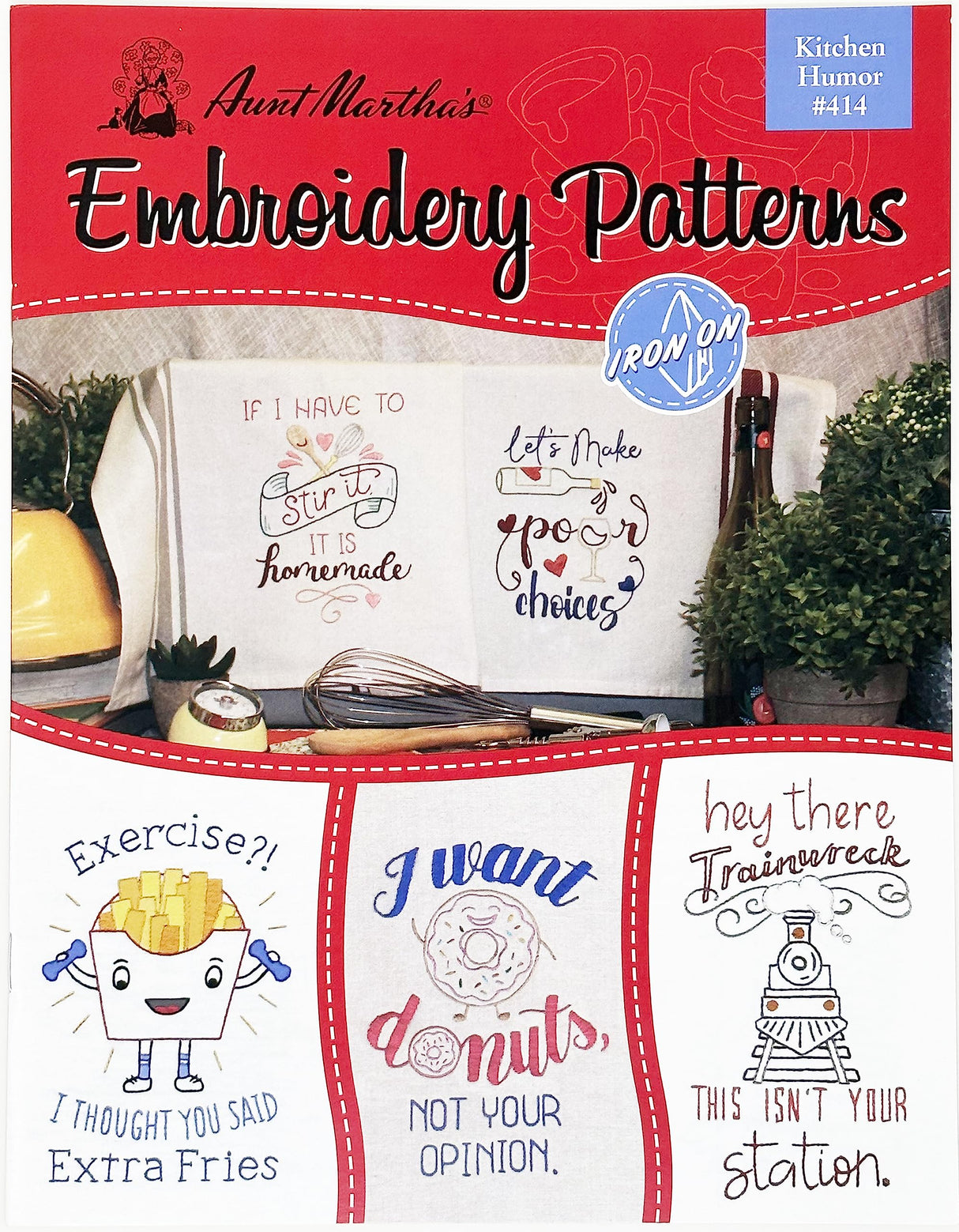 Aunt Martha's 414 Kitchen Humor Embroidery Transfer Pattern Book, Over 15 Iron On Patterns Aunt Martha's
