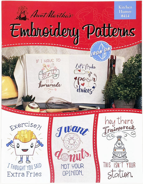 Aunt Martha's 414 Kitchen Humor Embroidery Transfer Pattern Book, Over 15 Iron On Patterns Aunt Martha's
