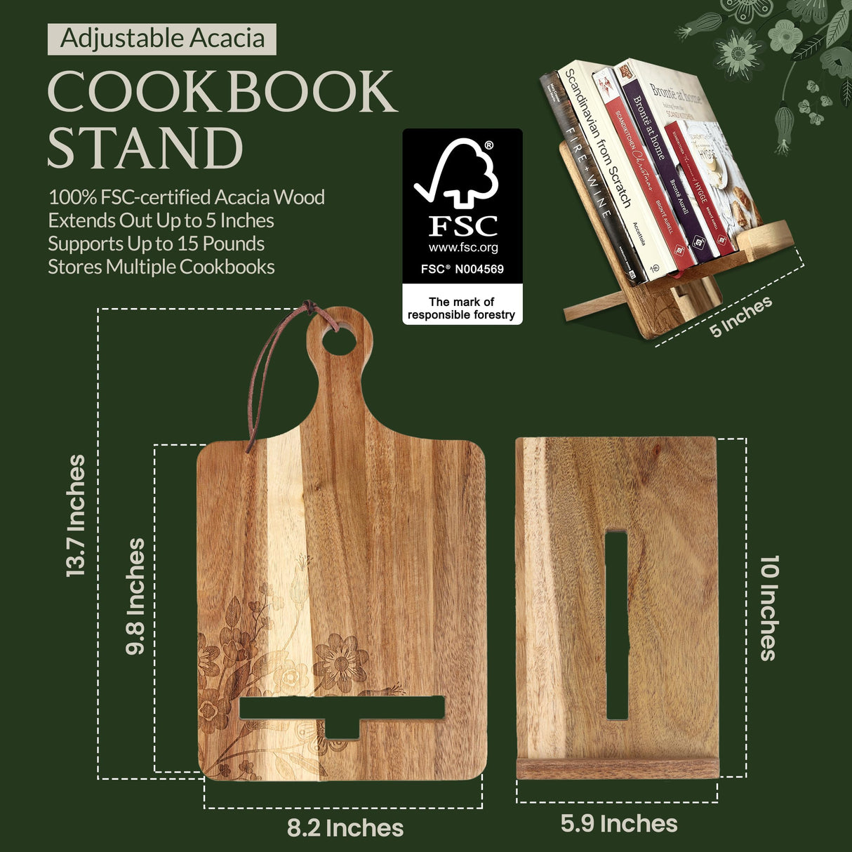 Wood Cookbook Stand for Kitchen Counter - Reversible Wooden Recipe Book Holder Stand with Cooking Measurement Conversion Card - Gift-Ready Adjustable Tablet Cook Book Holder with Charging Cable Slot ULLAHOLM