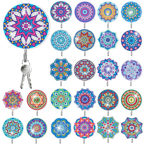 Saillong 24 Pcs Mandala Flower Diamond Painting Kit with Hooks Key Holder Adults Mandala Flower Art for Wall Decor DIY Decorations Diamond Art Painting Sticky Hooks for Towel Kitchen Decoration Saillong