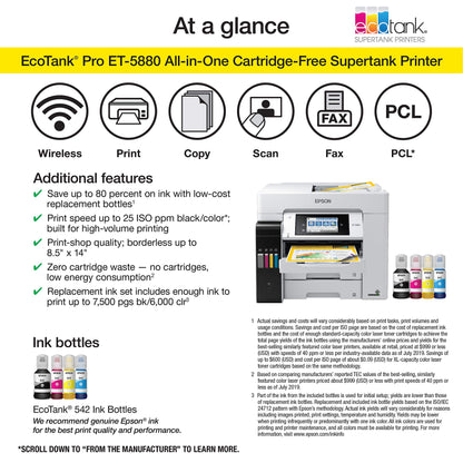 Epson EcoTank Pro ET-5880 Wireless Color All-in-One Supertank Printer with Scanner, Copier, Fax, Ethernet and PCL/Postscript, White