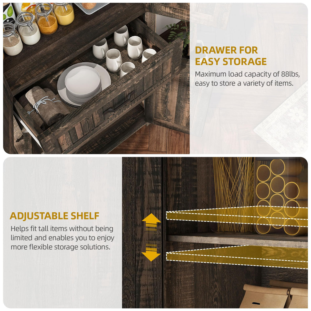 DWVO 72" Tall Farmhouse Pantry Cabinet, Kitchen Storage Pantry with Barn Doors & Drawer, Versatile Organizer with Adjustable Shelves, Rustic Cupboard for Dining Room, Living Room, Dark Rustic Oak DWVO