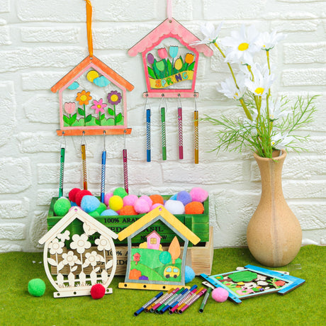 12PCS Birdhouse Wind Chime Kit for Kids Make Your Own Hollow Out Bird House Wind Chime DIY Coloring Wood Crafts Spring Wooden Arts and Crafts for Boys Girls School Activities Party Decoration TREACLUB
