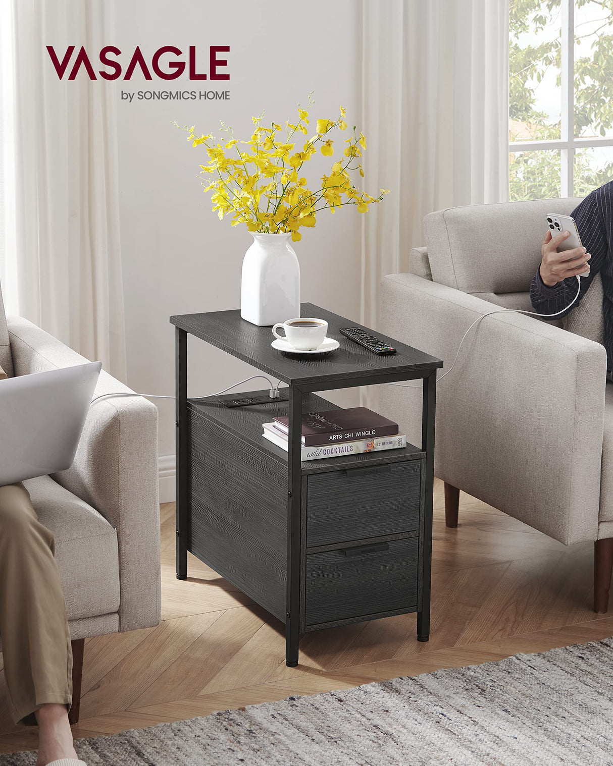 VASAGLE Side Table with Charging Station, Narrow End Table with 2 Drawers, Slim Nightstand and Bedside Table with Storage, for Small Spaces, Black ULET321B22 VASAGLE