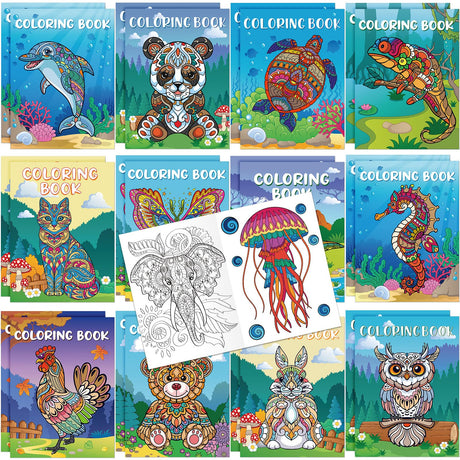 Pasimy 24 Pcs Animals Coloring Books DIY Mandala Ocean Jungle Animal Coloring Book Mini Holiday Activity Supplies for Kids Adult Party Favors Gift Bags Filler Classroom Activity Pasimy