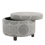 Homepop Home Decor | Upholstered Round Storage Ottoman | Ottoman with Storage for Living Room & Bedroom (Grey Medallion) 24.0 In. X 24.0 In. X 17.0 In. HomePop