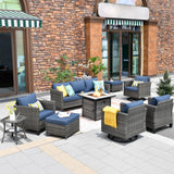 HOOOWOOO Patio Outdoor Conversation Set with Fire Pit Table,9 Piece Modern Outside Furniture with Swivel Rocking Chairs,PE Wicker Out Door Furniture Sofa and Ottoman Set(Denim Blue) HOOOWOOO