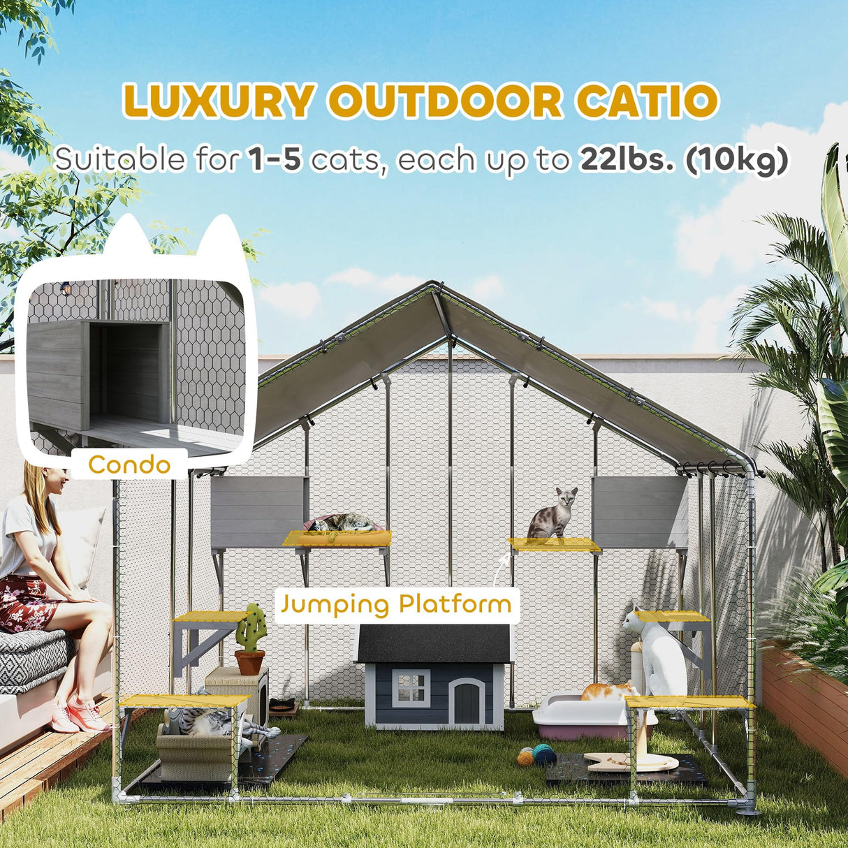 PawHut Catio Outdoor Cat Enclosure, 94.5" Extra Large Walk-in Cat House with Waterproof Cover, 2 Resting Boxes, 7 Jumping Platforms, Chicken Run Coop, Rabbit Hutch, Feral Cat Shelter for Multiple Cats PawHut