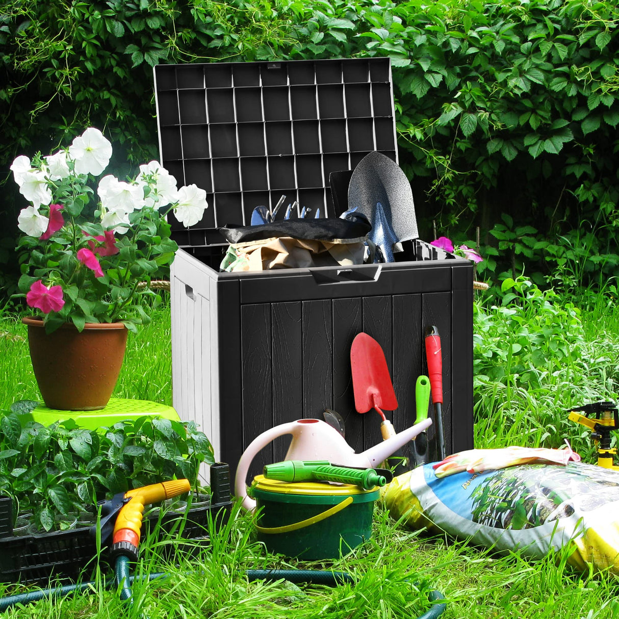 YITAHOME 31 Gallon Outdoor Storage Deck Box, Waterproof Resin Package Delivery and Storage Box with Lockable Lid for Patio Furniture Cushions, Pool Accessories, Garden Tools, Black YITAHOME