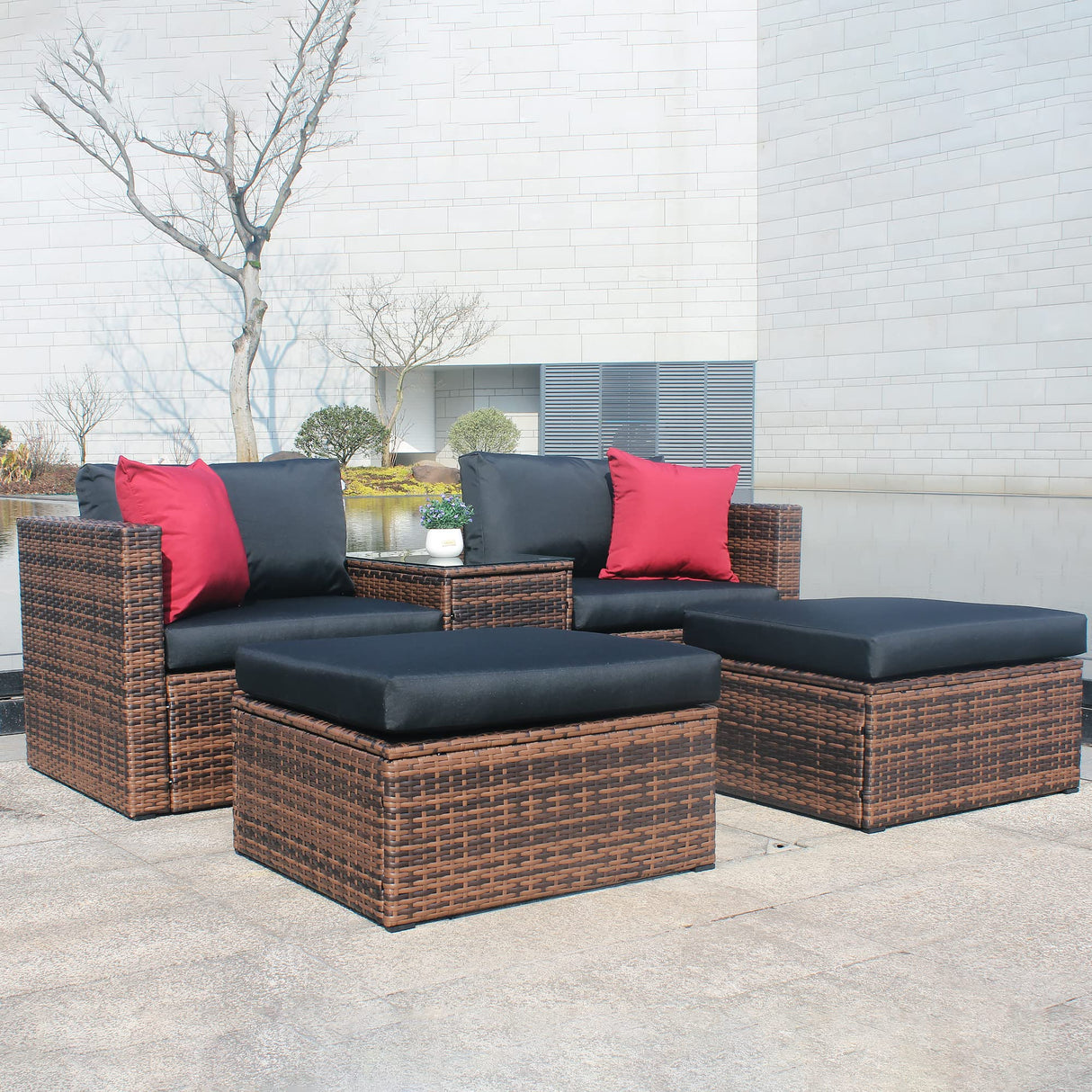 YOPTO 5 Pieces Outdoor Wicker Sectional Sofa Set with 2 Ottoman & Coffee Table,Patio Conversation Set Sectional Couch W/Cushions,Pillows & Protection Cover,Patio Sofa Bed for Porch,Garden,Lawns,Brown YOPTO