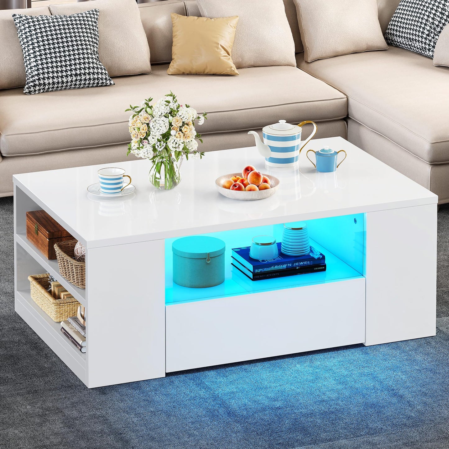 YITAHOME Modern Coffee Tables for Living Room, High Gloss LED Coffee Table, Storage Coffee Table, Small Coffee Table, Wood Center Table with 2 Sliding Drawers and Open Side Shelf,White