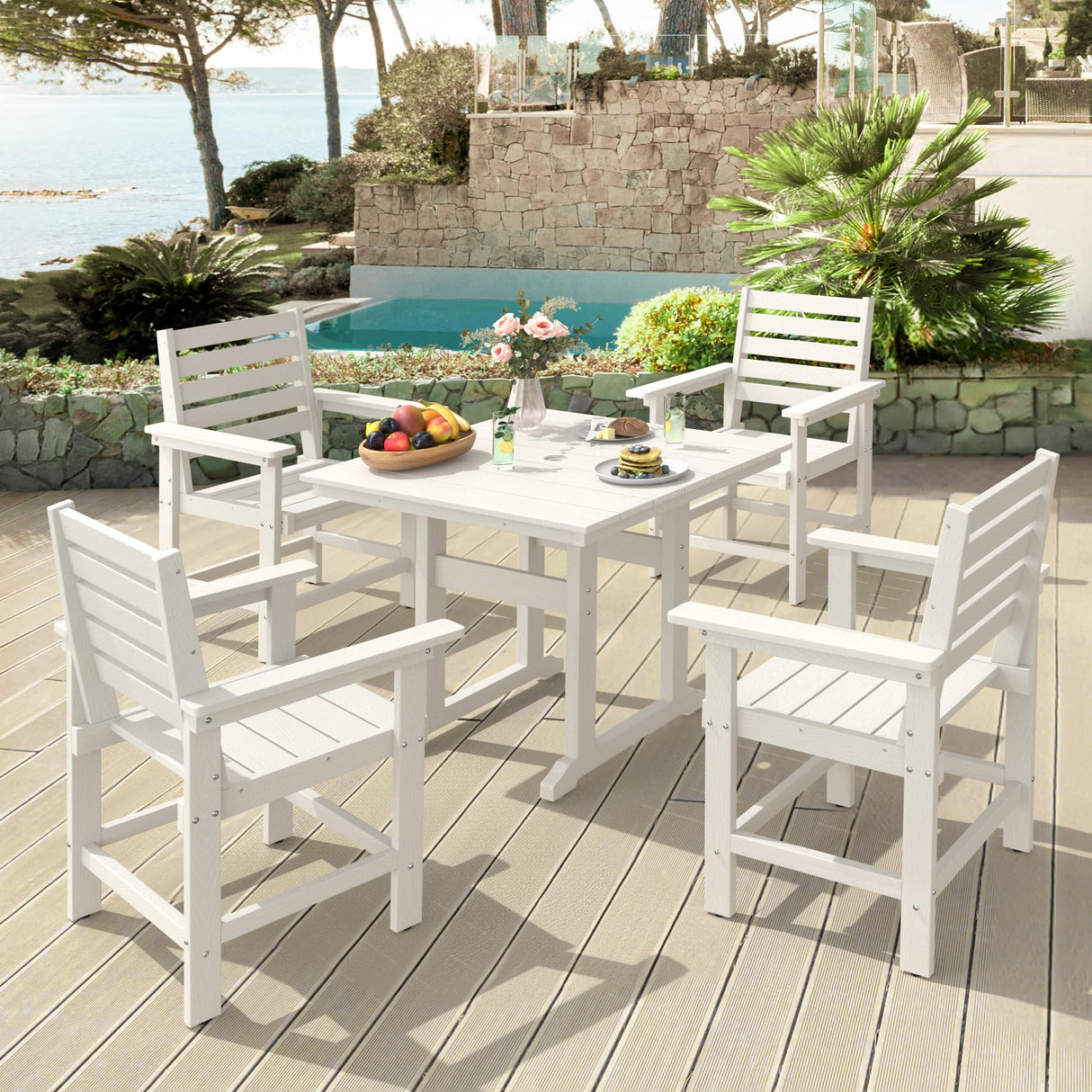 Homenjoy Patio Table and Chairs Set 5 Pieces, HDPS Weather Resistant Outdoor Dining Set, Square Outdoor Dining Table with 4 Patio Chairs, Patio Dining Set for Balcony, White Homenjoy