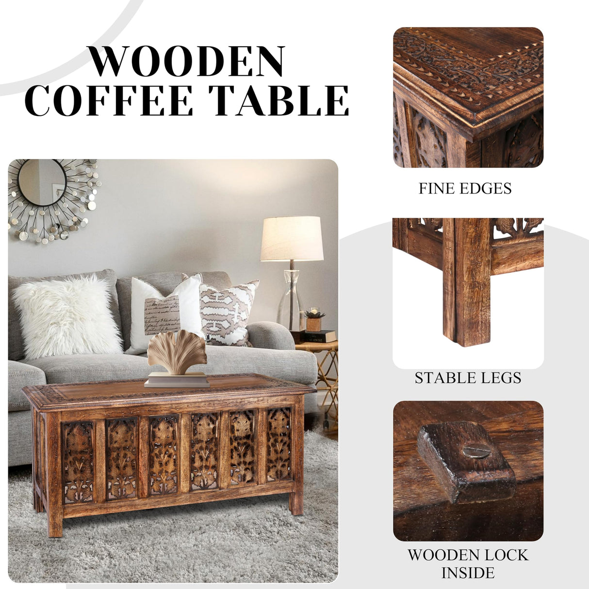 Coffee Table 36x18 Inch – Hand-Carved Solid Wood Center Table, Vintage Burnt Finish Modern Coffee Table for Living Room, Entryway Table for Magazines, Books & Plants The Wooden Town